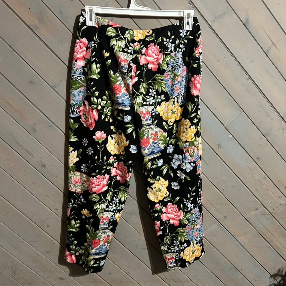 Talbots Petites Floral Chinoiserie Vase Print Pants Black‎ Pink Yellow Size 14P